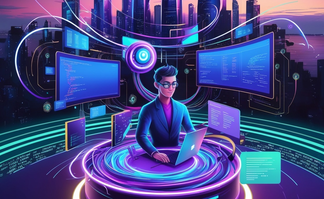 Default A vibrant futuristic digital illustration of a UIUX De 0
